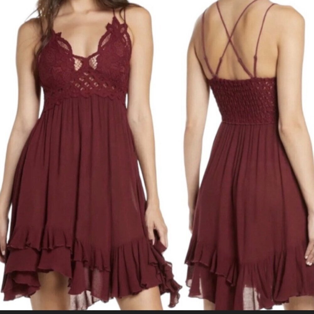 Free People One Adella Burgundy Lace Slip Dress Mini Boho Ruffle Hem Spring S